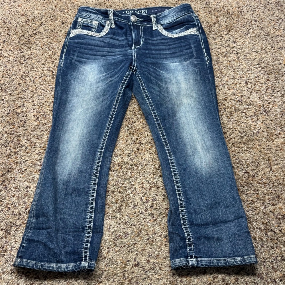 Grace in LA Easy Fit Dark Wash Embellished Bootcut Jeans Size 28 Silver Bling